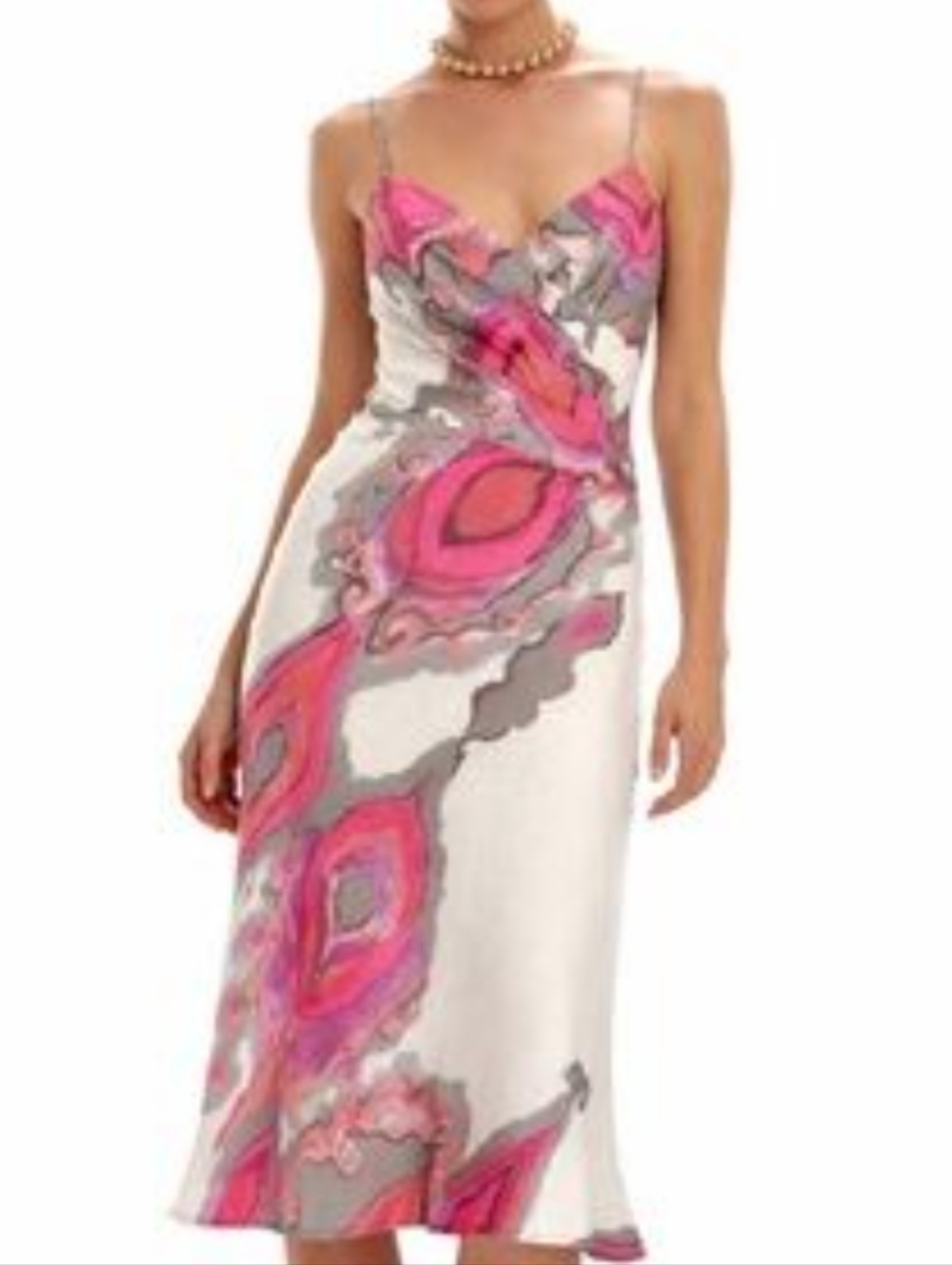 Trina Turk White Midi Dress with Pink and Gray Abstract Print